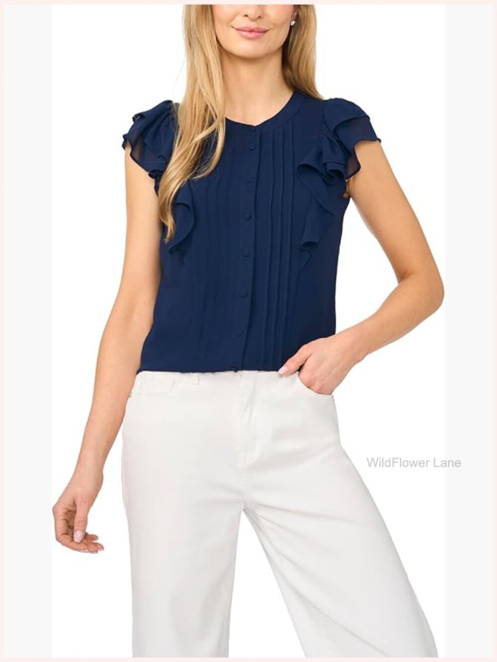 Women's Double Ruffle Button Down Pintuck Blouse
